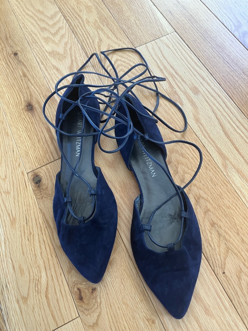 Stuart Weitzman Navy Suede Pointed Lace-Up Flats